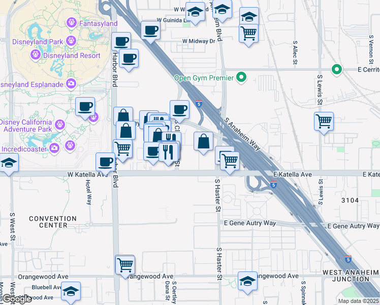 map of restaurants, bars, coffee shops, grocery stores, and more near 1700 South Clementine Street in Anaheim