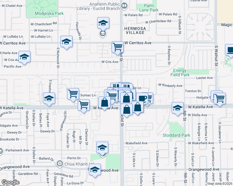 map of restaurants, bars, coffee shops, grocery stores, and more near 1707 West Sallie Lane in Anaheim