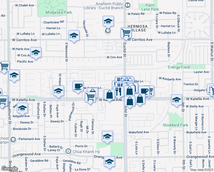 map of restaurants, bars, coffee shops, grocery stores, and more near 1741 West Sallie Lane in Anaheim