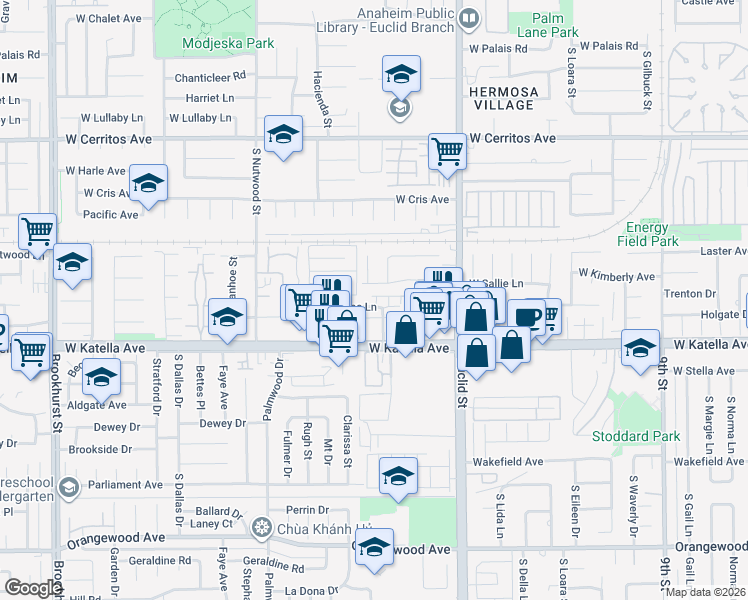 map of restaurants, bars, coffee shops, grocery stores, and more near 1666 South Humor Drive in Anaheim