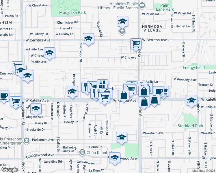 map of restaurants, bars, coffee shops, grocery stores, and more near 1817 West Sallie Lane in Anaheim