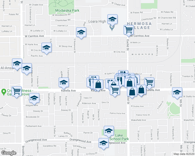 map of restaurants, bars, coffee shops, grocery stores, and more near 1817 West Sallie Lane in Anaheim