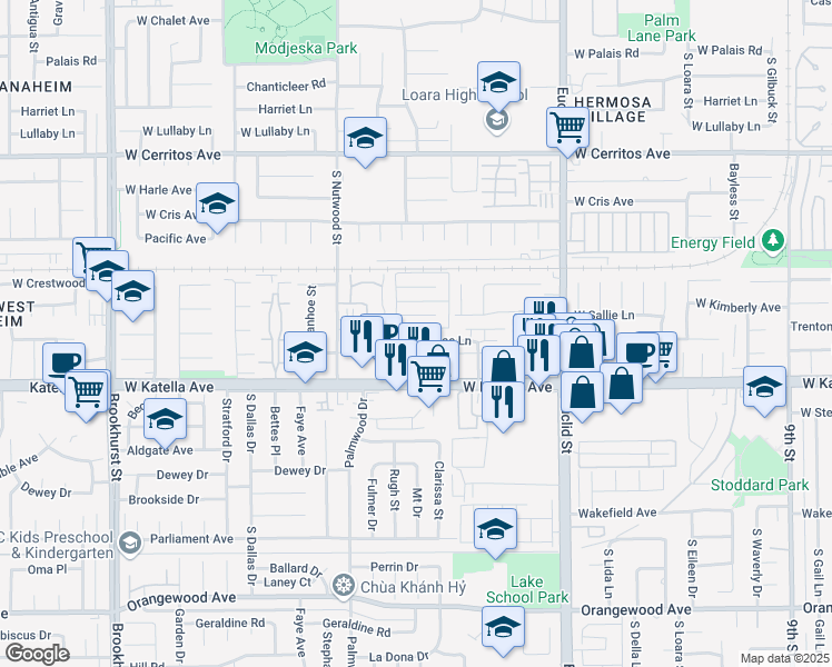 map of restaurants, bars, coffee shops, grocery stores, and more near 1811 West Sallie Lane in Anaheim