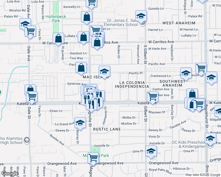 map of restaurants, bars, coffee shops, grocery stores, and more near 10822 Markev Street in Anaheim
