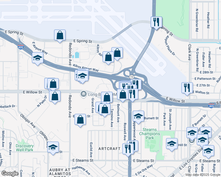 map of restaurants, bars, coffee shops, grocery stores, and more near 2666 Grand Avenue in Long Beach