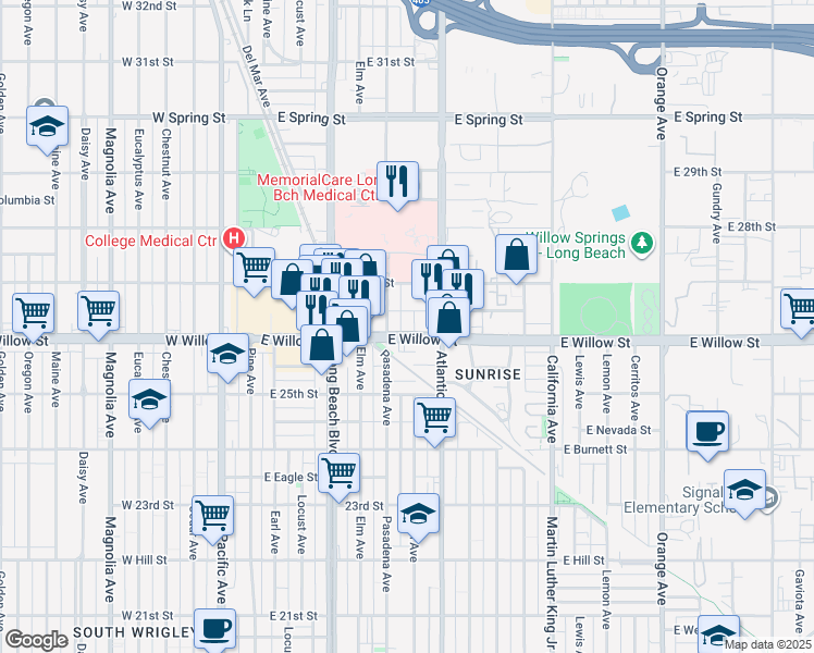 map of restaurants, bars, coffee shops, grocery stores, and more near 2691 Linden Avenue in Long Beach