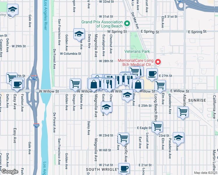 map of restaurants, bars, coffee shops, grocery stores, and more near 2660 Chestnut Avenue in Long Beach