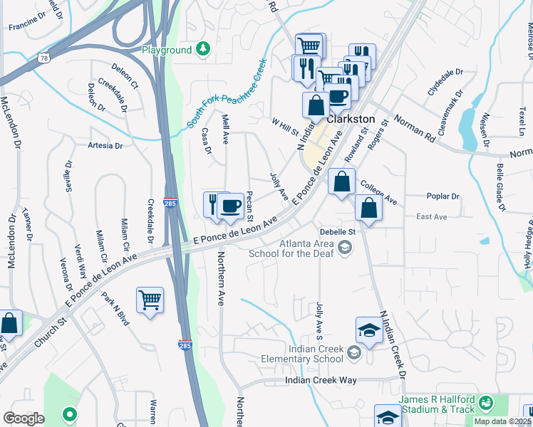 map of restaurants, bars, coffee shops, grocery stores, and more near 3986 East Ponce de Leon Avenue in Clarkston