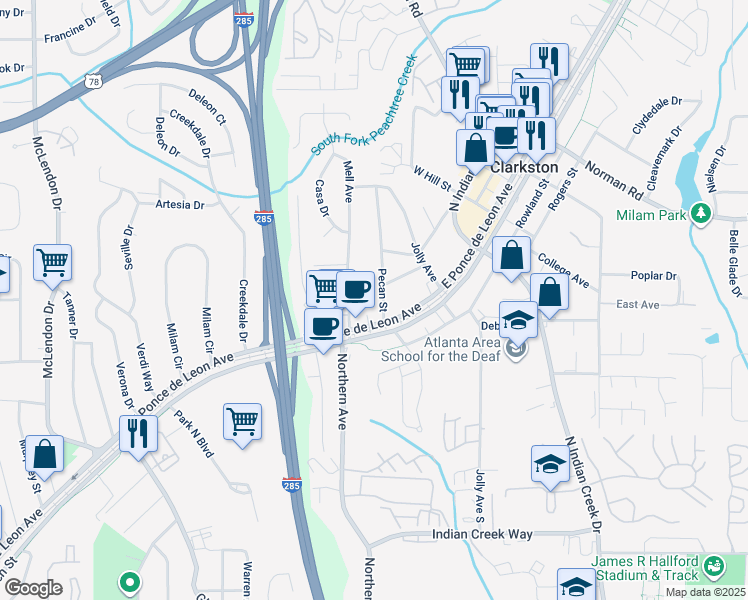 map of restaurants, bars, coffee shops, grocery stores, and more near 930 Pecan Street in Clarkston