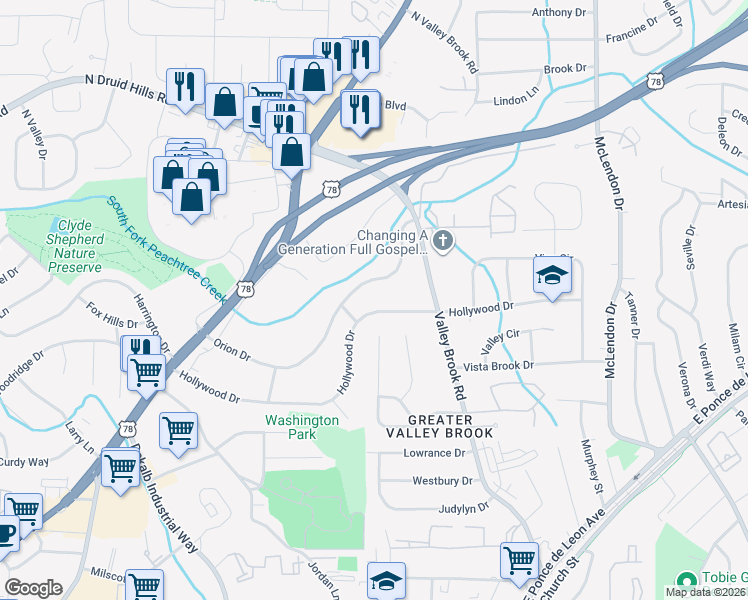 map of restaurants, bars, coffee shops, grocery stores, and more near 2974 Hollywood Drive in Decatur