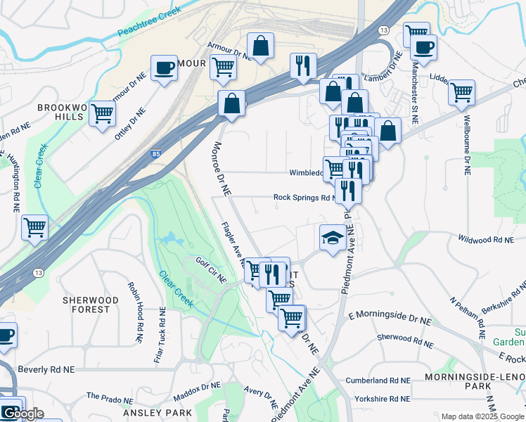 map of restaurants, bars, coffee shops, grocery stores, and more near 1850 Rock Springs Lane in Atlanta