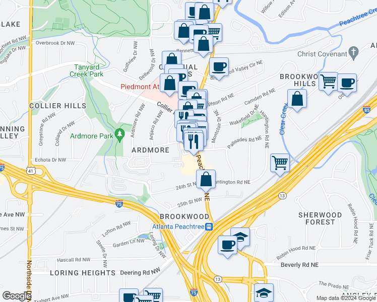 map of restaurants, bars, coffee shops, grocery stores, and more near 1820 Peachtree Road Northwest in Atlanta