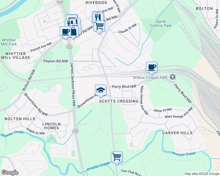map of restaurants, bars, coffee shops, grocery stores, and more near 2498 Perry Boulevard Northwest in Atlanta