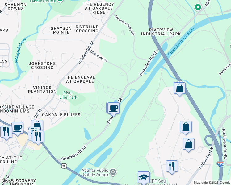 map of restaurants, bars, coffee shops, grocery stores, and more near 6148 Riverview Road Southeast in Mableton