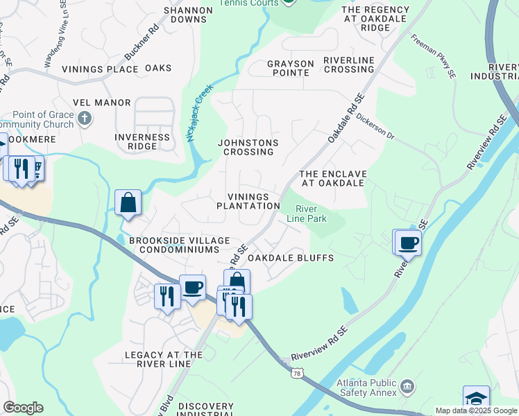 map of restaurants, bars, coffee shops, grocery stores, and more near 1520 Farmlake Drive Southeast in Mableton