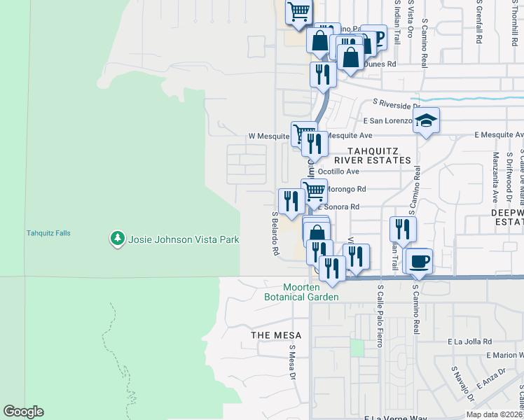 map of restaurants, bars, coffee shops, grocery stores, and more near 332 Goleta Way in Palm Springs