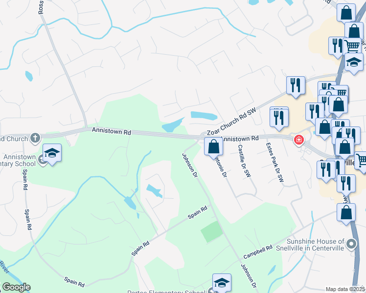 map of restaurants, bars, coffee shops, grocery stores, and more near 4222 Annistown Road in Snellville