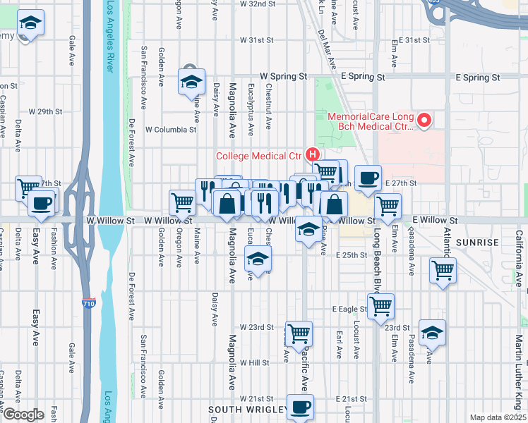 map of restaurants, bars, coffee shops, grocery stores, and more near 2660 Chestnut Avenue in Long Beach