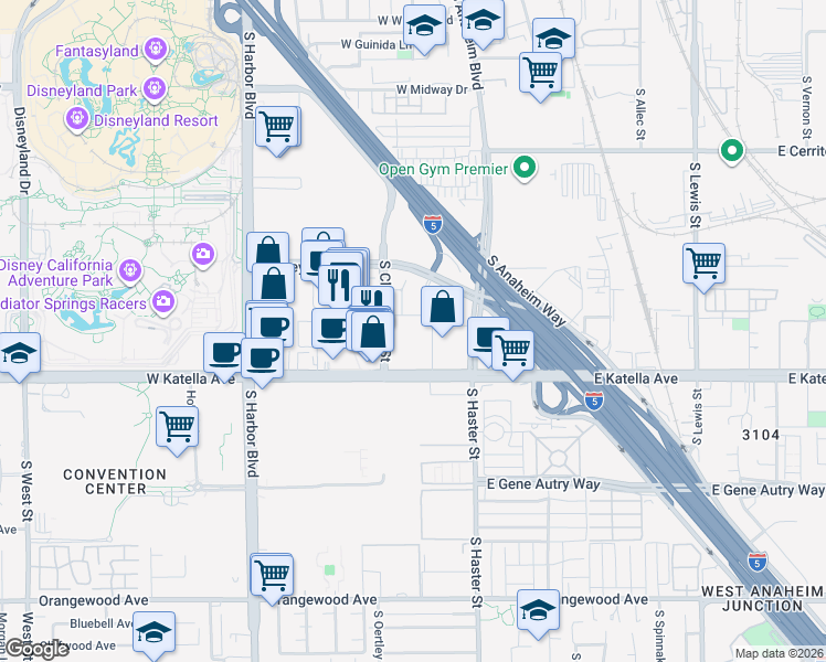 map of restaurants, bars, coffee shops, grocery stores, and more near 1700 South Clementine Street in Anaheim