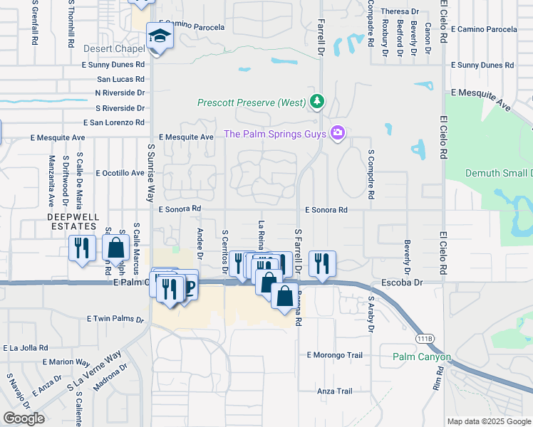 map of restaurants, bars, coffee shops, grocery stores, and more near 2305 East Sonora Road in Palm Springs