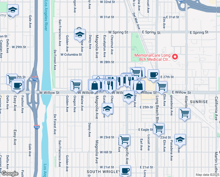 map of restaurants, bars, coffee shops, grocery stores, and more near 2619 Chestnut Avenue in Long Beach