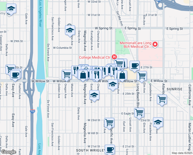 map of restaurants, bars, coffee shops, grocery stores, and more near 2619 Chestnut Avenue in Long Beach