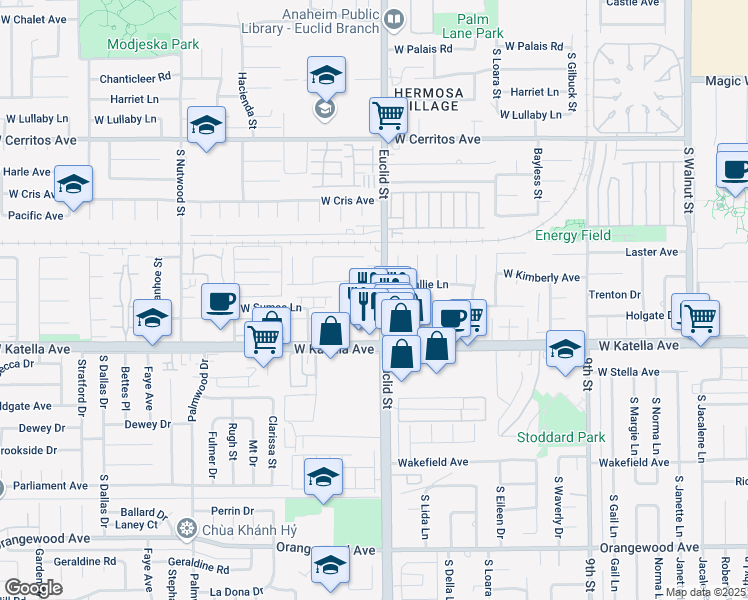 map of restaurants, bars, coffee shops, grocery stores, and more near 1707 West Sumac Lane in Anaheim