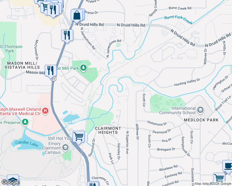 map of restaurants, bars, coffee shops, grocery stores, and more near 2108 Heritage Heights in Decatur