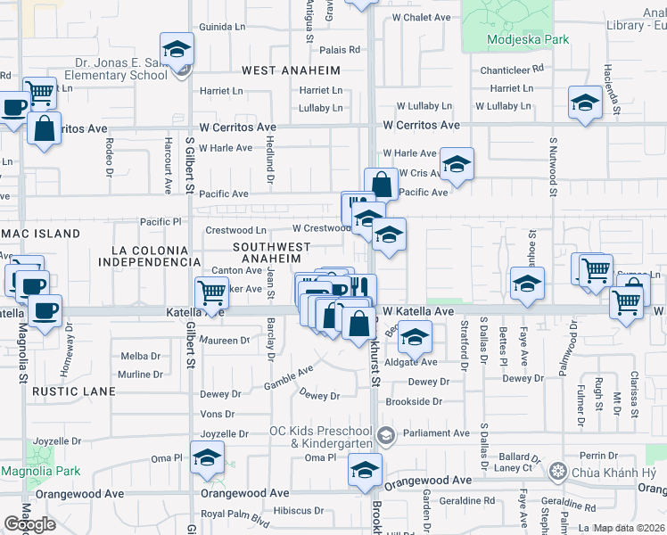 map of restaurants, bars, coffee shops, grocery stores, and more near 1716 South Orme Street in Anaheim