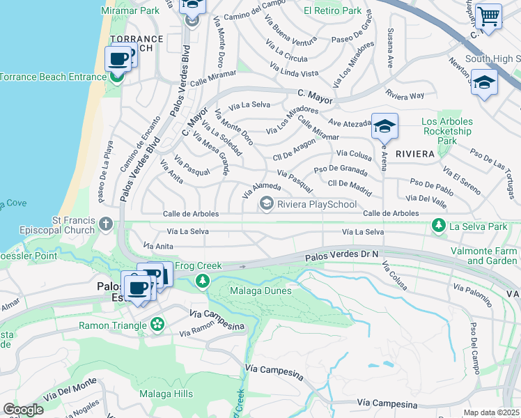 map of restaurants, bars, coffee shops, grocery stores, and more near in Redondo Beach
