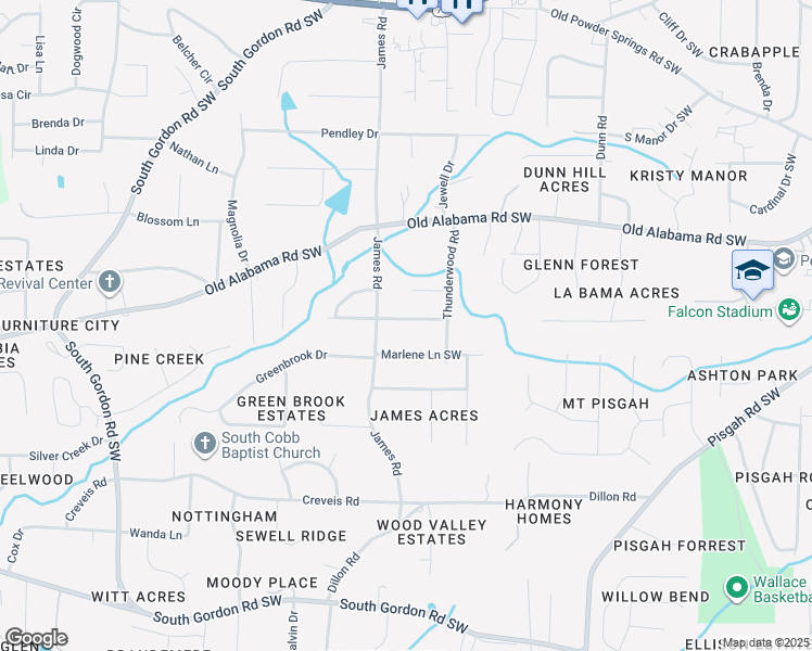 map of restaurants, bars, coffee shops, grocery stores, and more near 1466 Thunderwood Lane Southwest in Mableton