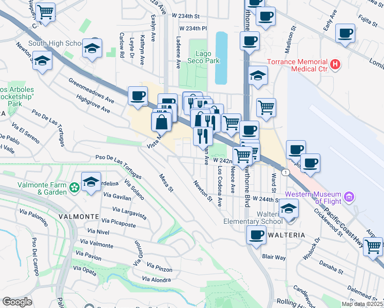 map of restaurants, bars, coffee shops, grocery stores, and more near 3929 West 242nd Street in Torrance