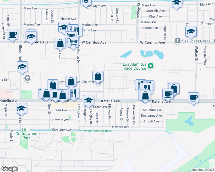 map of restaurants, bars, coffee shops, grocery stores, and more near 4635 Luna Court in Cypress