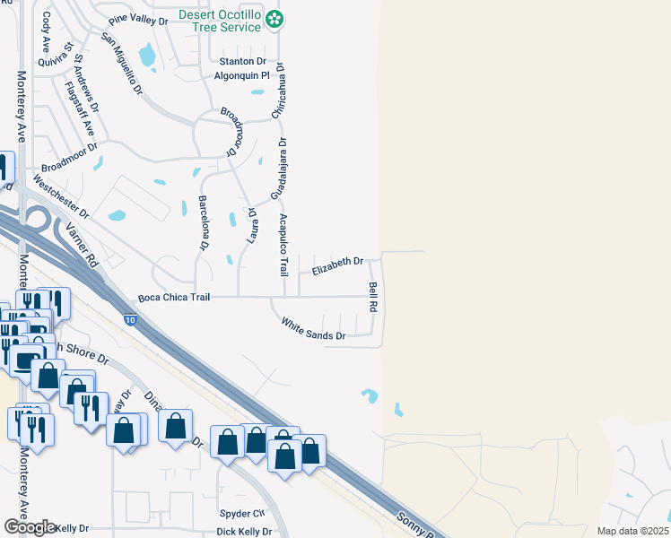 map of restaurants, bars, coffee shops, grocery stores, and more near 73843 Elizabeth Drive in Thousand Palms
