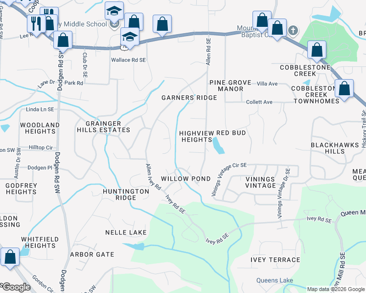 map of restaurants, bars, coffee shops, grocery stores, and more near 244 Laureen Lane Southeast in Mableton