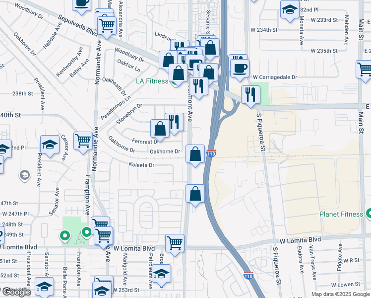 map of restaurants, bars, coffee shops, grocery stores, and more near 24220 Spicewood Lane in West Carson
