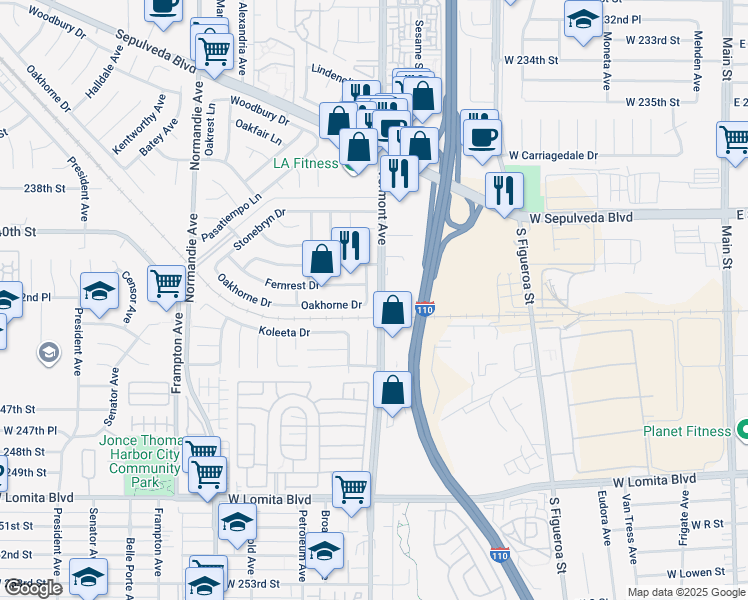 map of restaurants, bars, coffee shops, grocery stores, and more near 24220 Spicewood Lane in West Carson