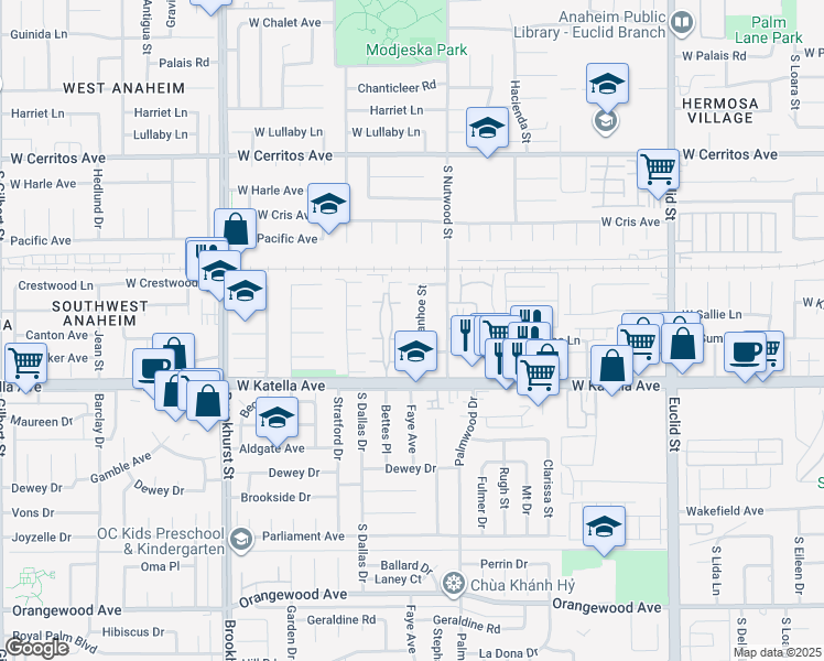 map of restaurants, bars, coffee shops, grocery stores, and more near 1668 South Ivanhoe Street in Anaheim