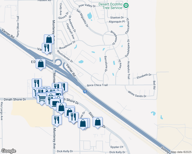 map of restaurants, bars, coffee shops, grocery stores, and more near 33880 Westchester Drive in Thousand Palms