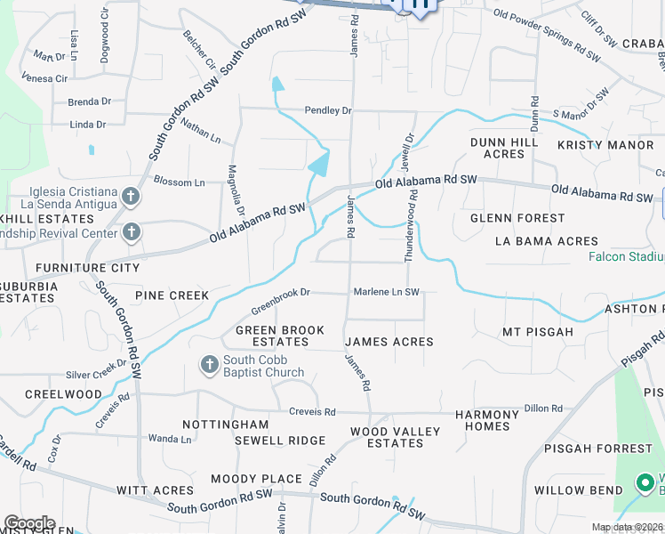 map of restaurants, bars, coffee shops, grocery stores, and more near 1521 Thunderwood Lane Southwest in Mableton