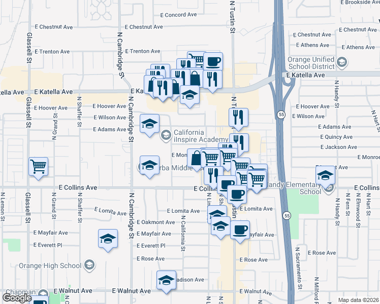 map of restaurants, bars, coffee shops, grocery stores, and more near 1319 East Monroe Avenue in Orange