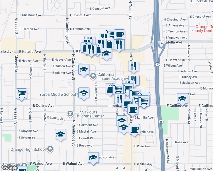 map of restaurants, bars, coffee shops, grocery stores, and more near 1319 East Monroe Avenue in Orange
