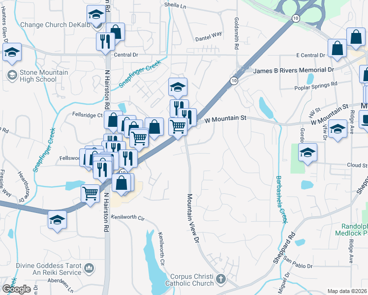 map of restaurants, bars, coffee shops, grocery stores, and more near 6167 Georgia 10 in Stone Mountain