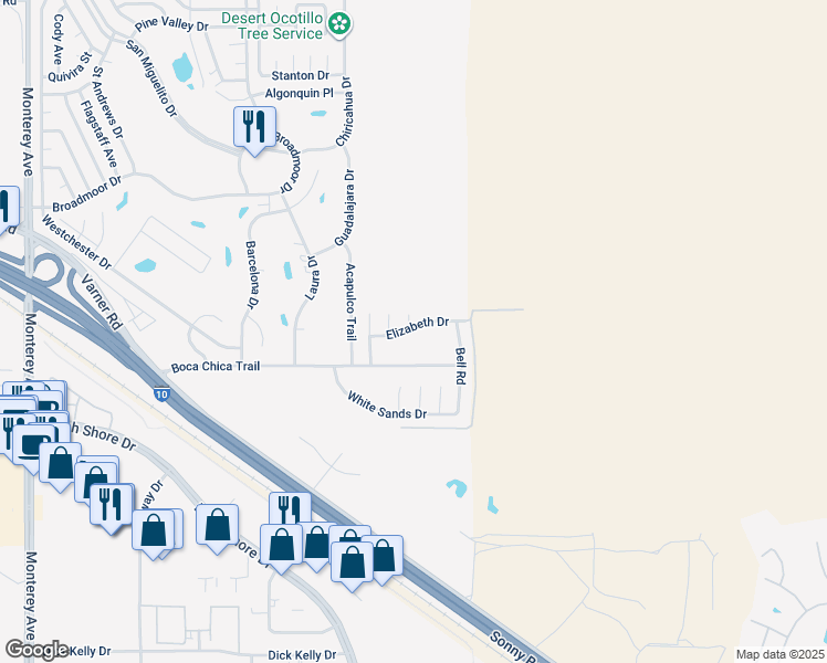 map of restaurants, bars, coffee shops, grocery stores, and more near 73843 Elizabeth Drive in Thousand Palms