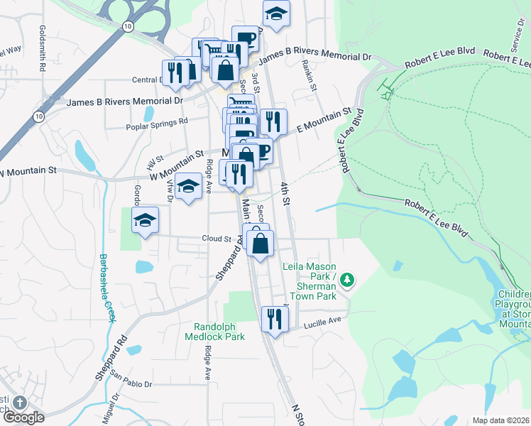 map of restaurants, bars, coffee shops, grocery stores, and more near 917 2nd Street in Stone Mountain