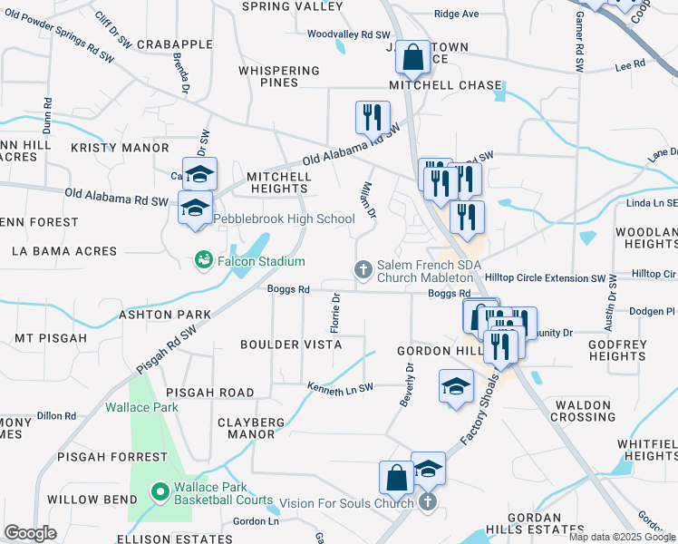 map of restaurants, bars, coffee shops, grocery stores, and more near 730 Boggs Road in Mableton