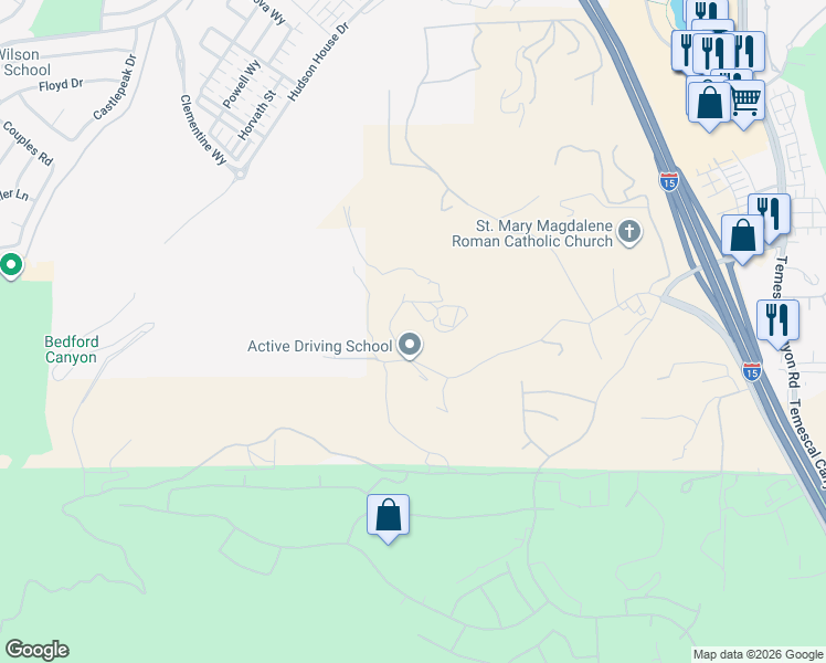 map of restaurants, bars, coffee shops, grocery stores, and more near 8131 North Weirick Road in Corona