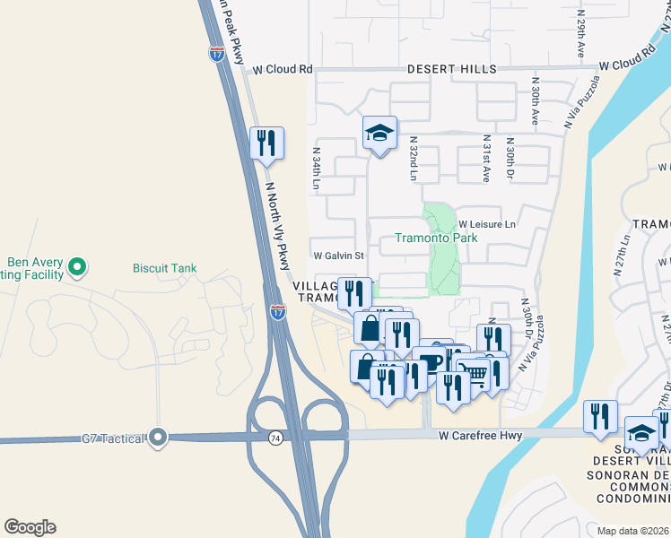 map of restaurants, bars, coffee shops, grocery stores, and more near 3426 West Galvin Lane in Phoenix