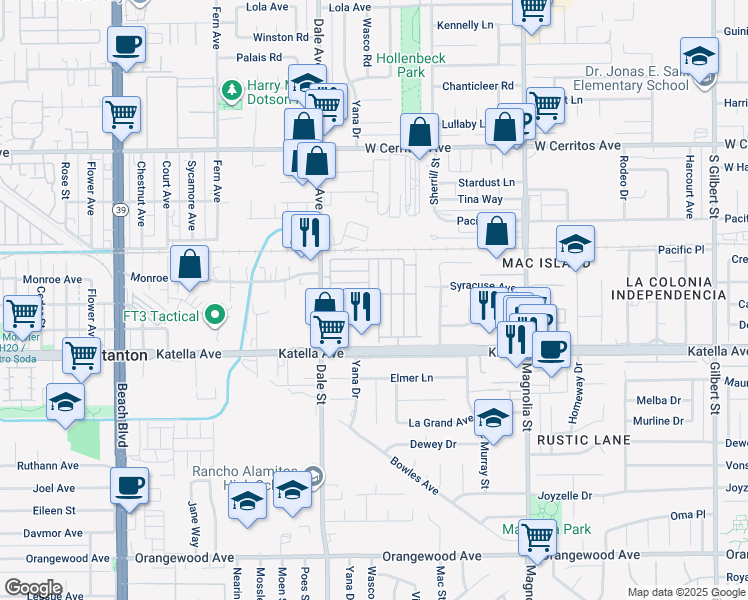 map of restaurants, bars, coffee shops, grocery stores, and more near 8681 Katella Avenue in Stanton