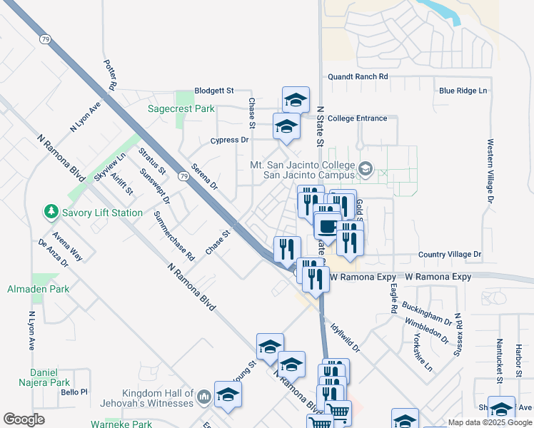 map of restaurants, bars, coffee shops, grocery stores, and more near 1330 Country Club Drive in Banning